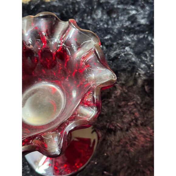 Vintage Red Glass Ruffled Edge Compote Candy Dish With Textured Base - Picture 3 of 8